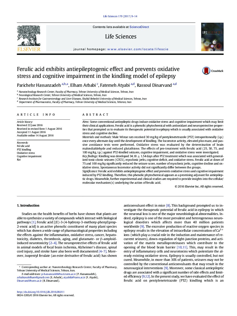 Ferulic acid exhibits antiepileptogenic effect and prevents oxidative stress and cognitive impairment in the kindling model of epilepsy