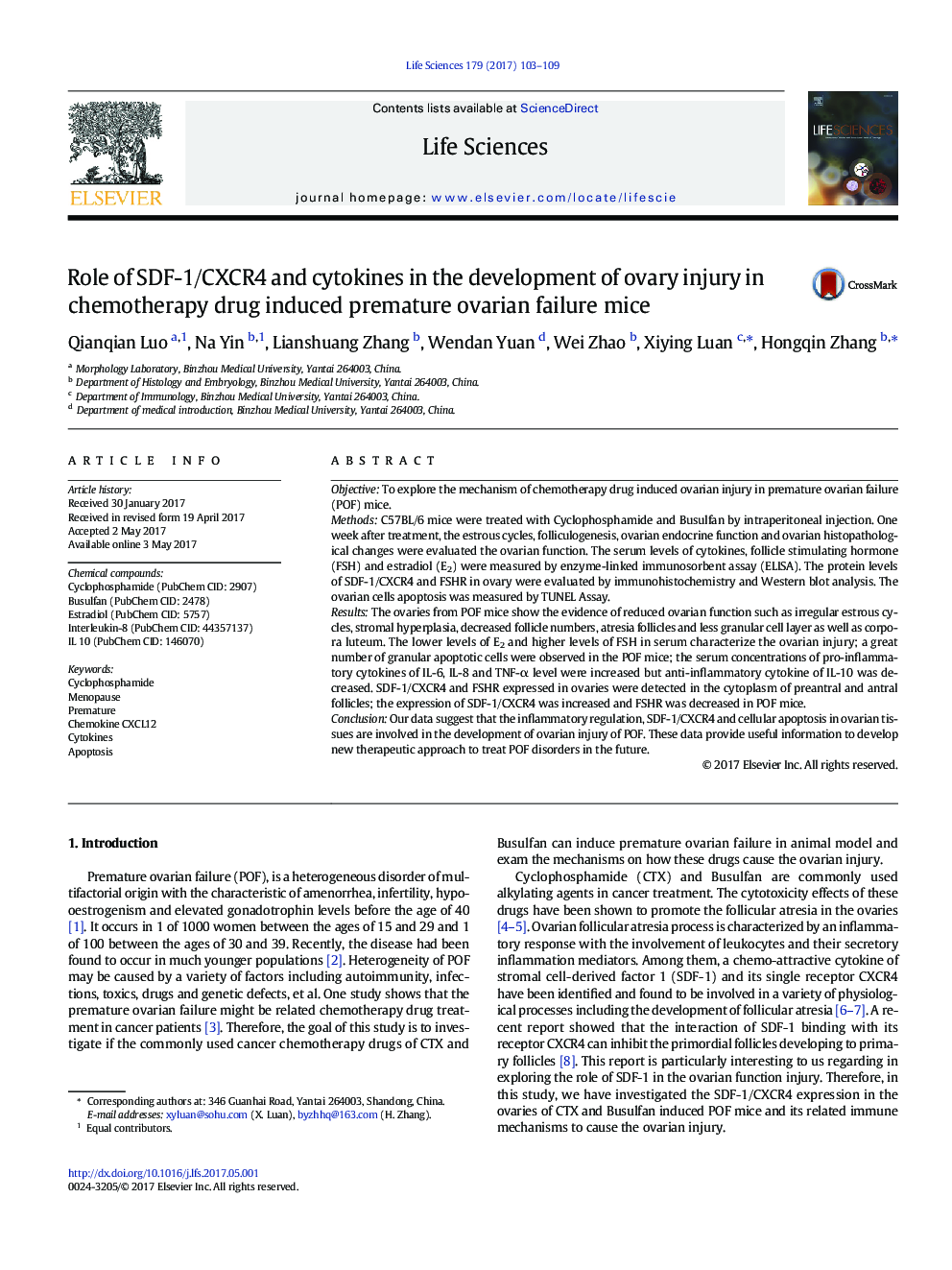 Role of SDF-1/CXCR4 and cytokines in the development of ovary injury in chemotherapy drug induced premature ovarian failure mice