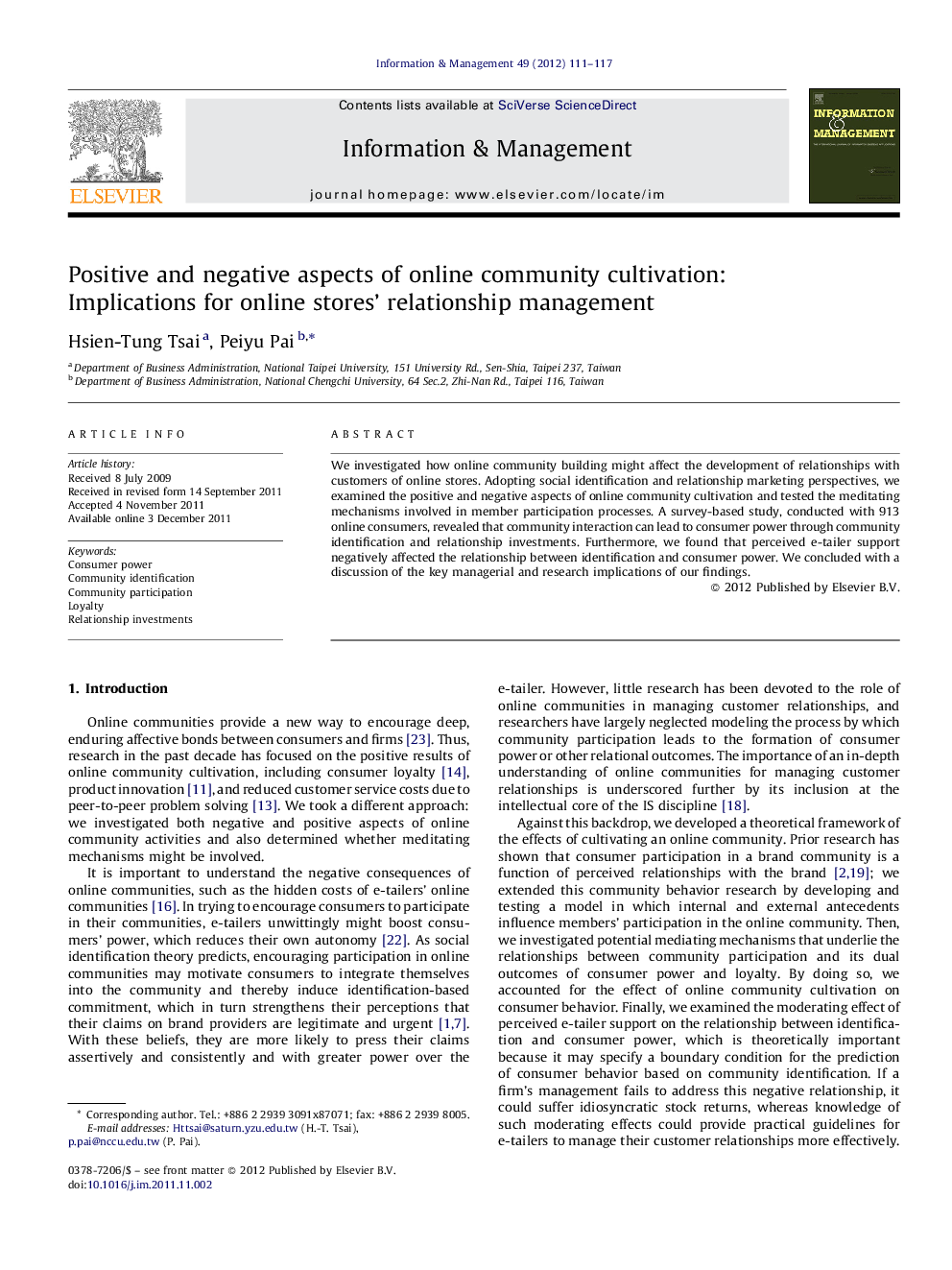 عکس صفحه اول مقاله: Positive and negative aspects of online community cultivation: Implications for online stores’ relationship management Positive and negative aspects of online community cultivation: Implications for online stores’ relationship management