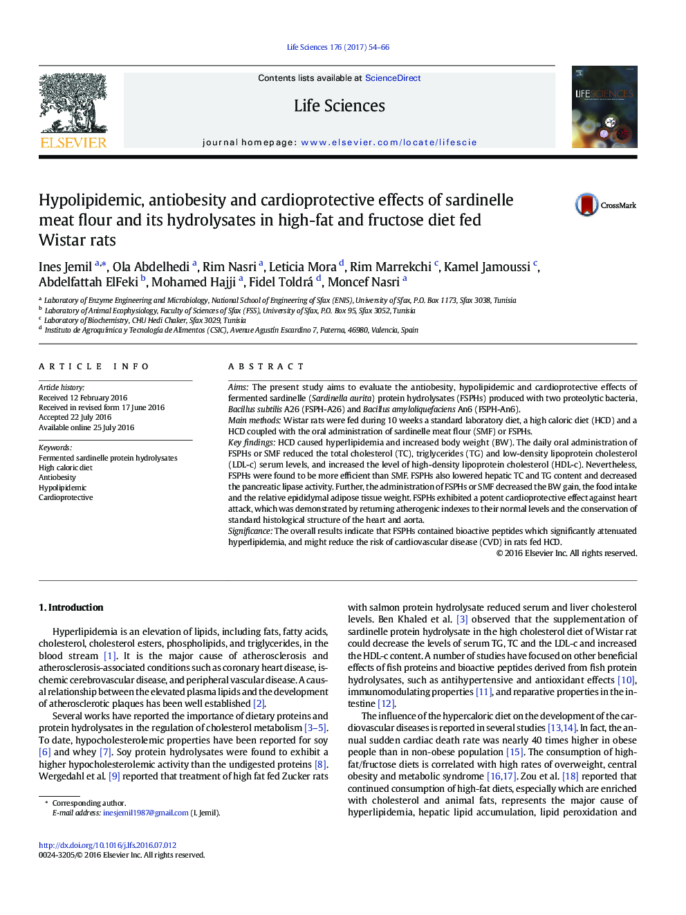 Hypolipidemic, antiobesity and cardioprotective effects of sardinelle meat flour and its hydrolysates in high-fat and fructose diet fed Wistar rats