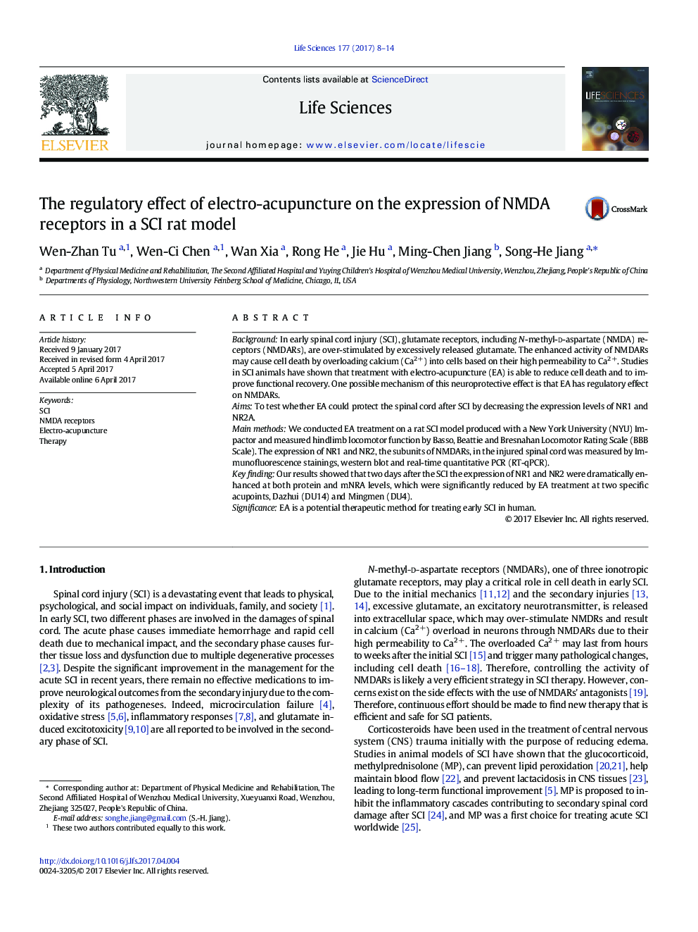 The regulatory effect of electro-acupuncture on the expression of NMDA receptors in a SCI rat model