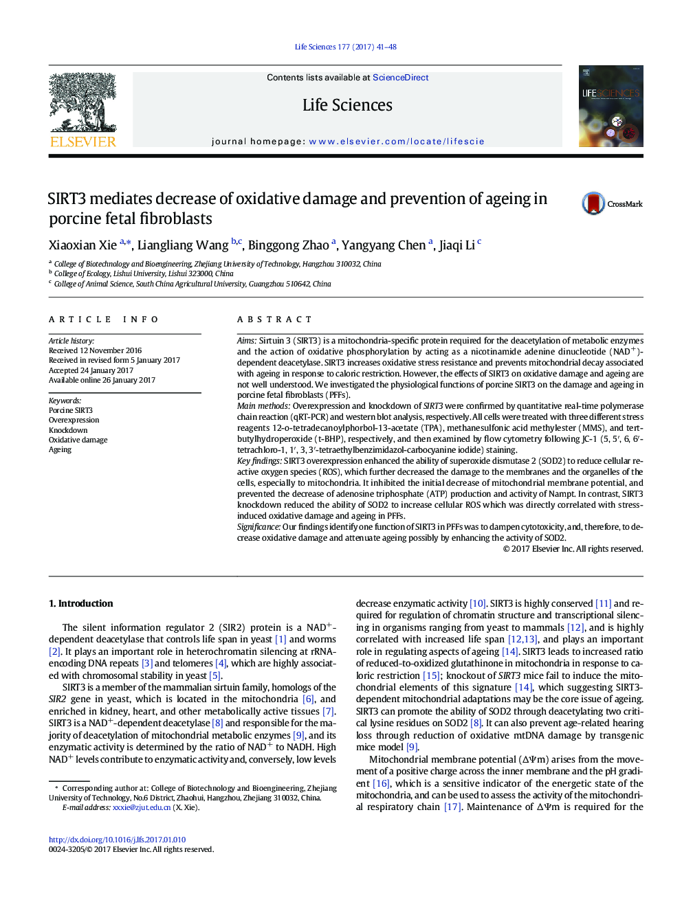 SIRT3 mediates decrease of oxidative damage and prevention of ageing in porcine fetal fibroblasts