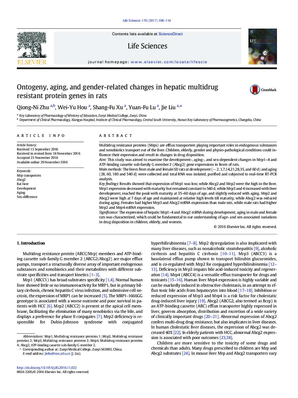 Ontogeny, aging, and gender-related changes in hepatic multidrug resistant protein genes in rats