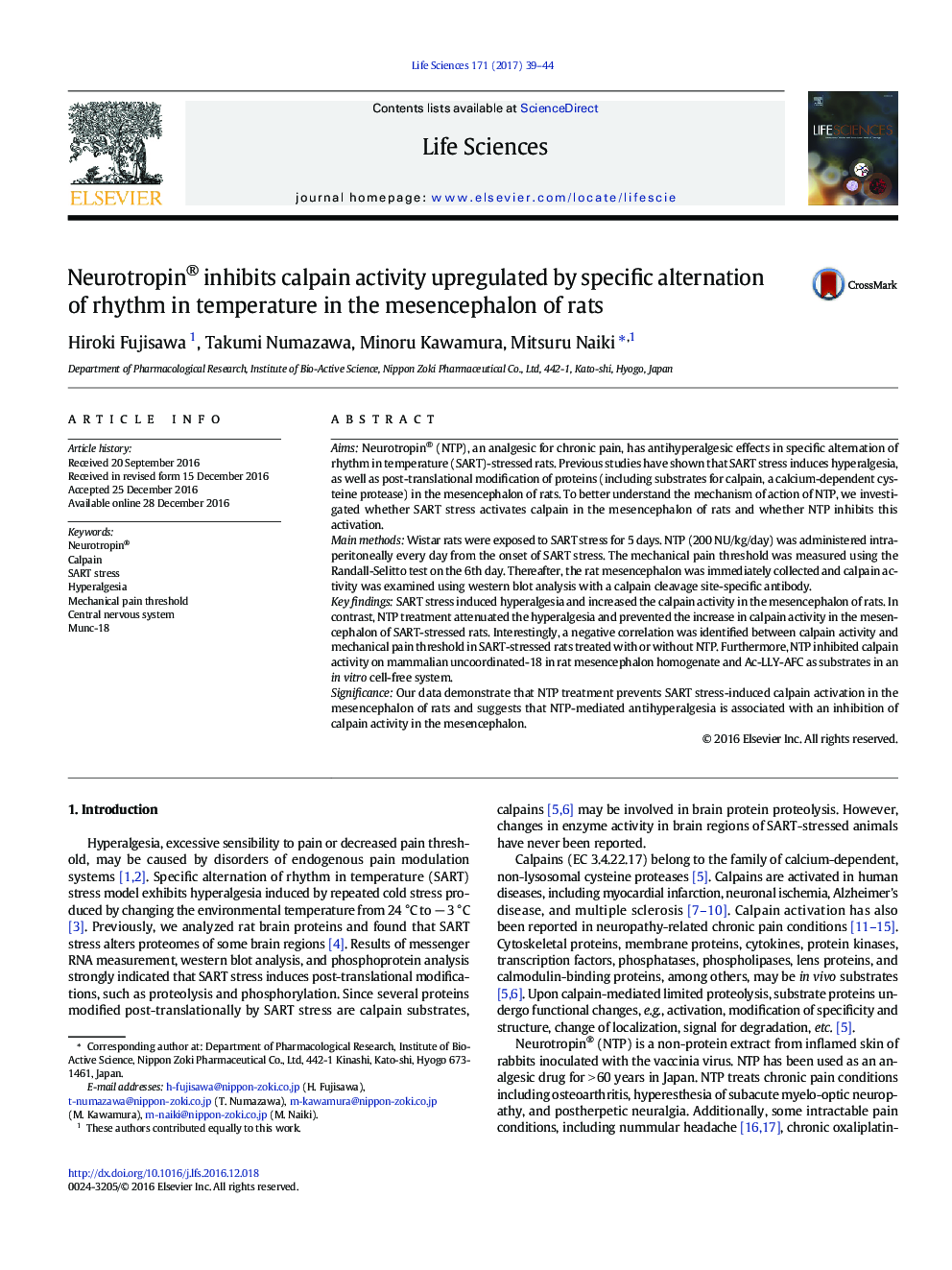 Neurotropin® inhibits calpain activity upregulated by specific alternation of rhythm in temperature in the mesencephalon of rats