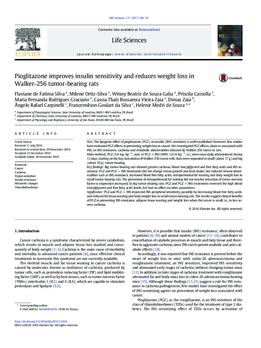 Pioglitazone improves insulin sensitivity and reduces weight loss in Walker-256 tumor-bearing rats