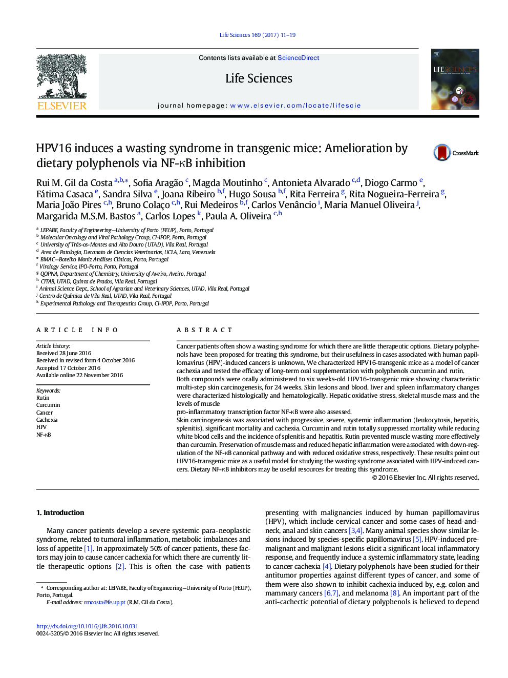 HPV16 induces a wasting syndrome in transgenic mice: Amelioration by dietary polyphenols via NF-ÎºB inhibition