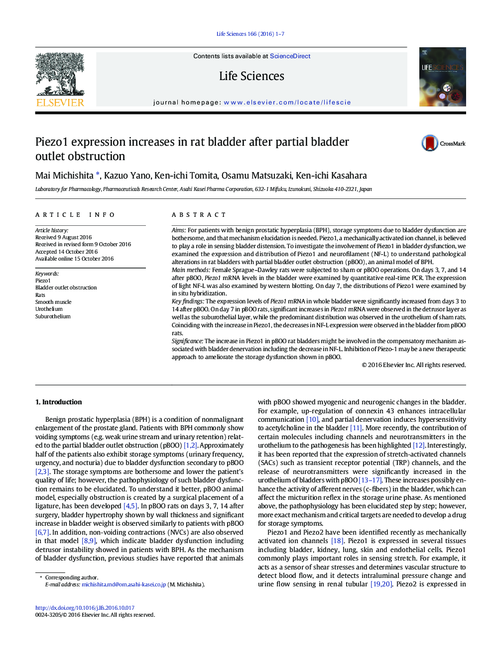 Piezo1 expression increases in rat bladder after partial bladder outlet obstruction