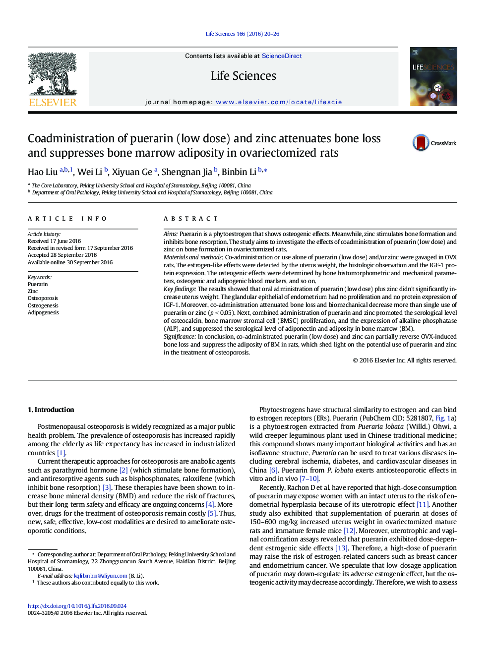 Coadministration of puerarin (low dose) and zinc attenuates bone loss and suppresses bone marrow adiposity in ovariectomized rats