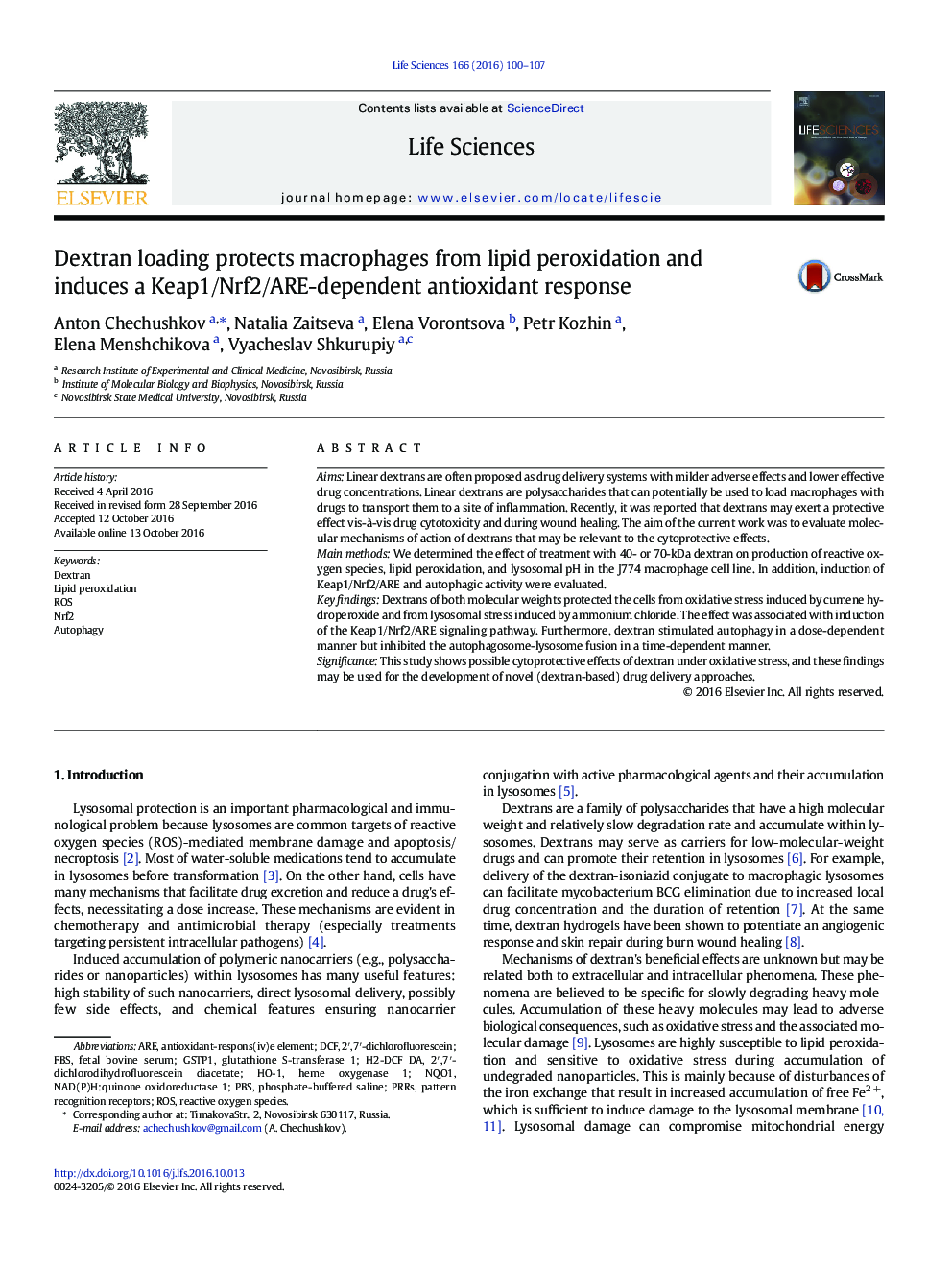 Dextran loading protects macrophages from lipid peroxidation and induces a Keap1/Nrf2/ARE-dependent antioxidant response