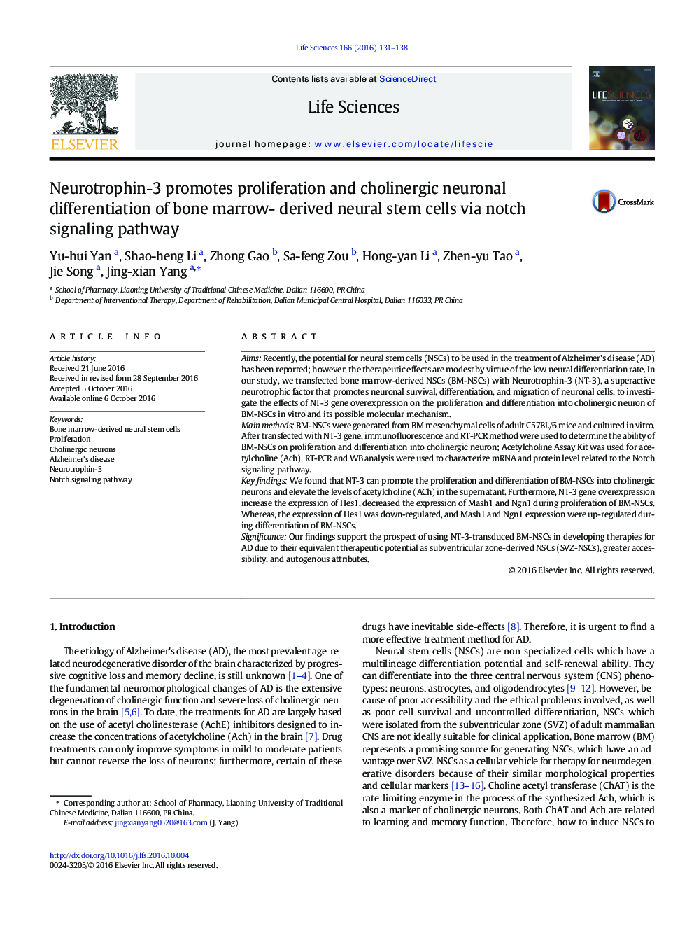 Neurotrophin-3 promotes proliferation and cholinergic neuronal differentiation of bone marrow- derived neural stem cells via notch signaling pathway