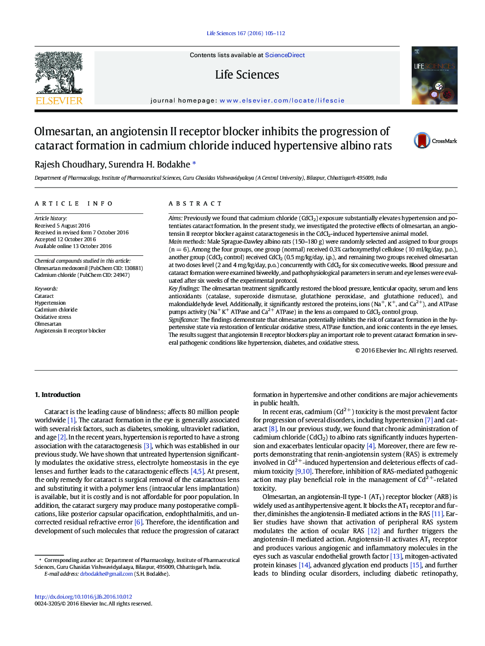 Olmesartan, an angiotensin II receptor blocker inhibits the progression of cataract formation in cadmium chloride induced hypertensive albino rats