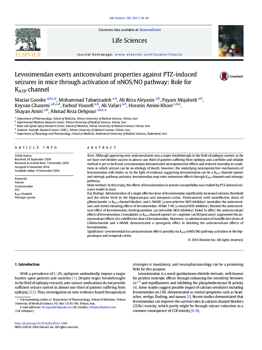 Levosimendan exerts anticonvulsant properties against PTZ-induced seizures in mice through activation of nNOS/NO pathway: Role for KATP channel