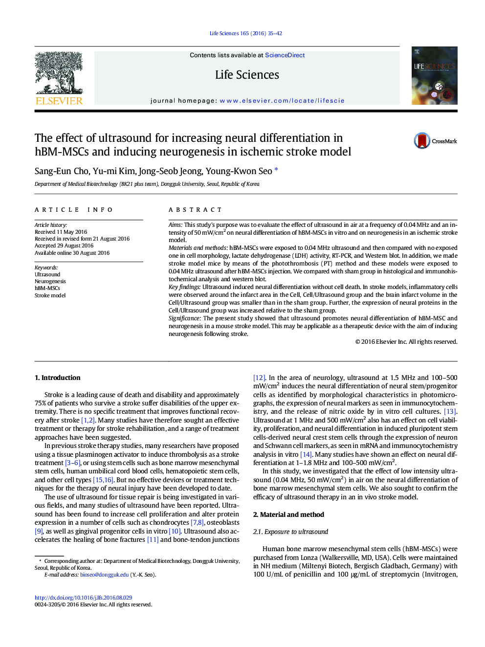 The effect of ultrasound for increasing neural differentiation in hBM-MSCs and inducing neurogenesis in ischemic stroke model