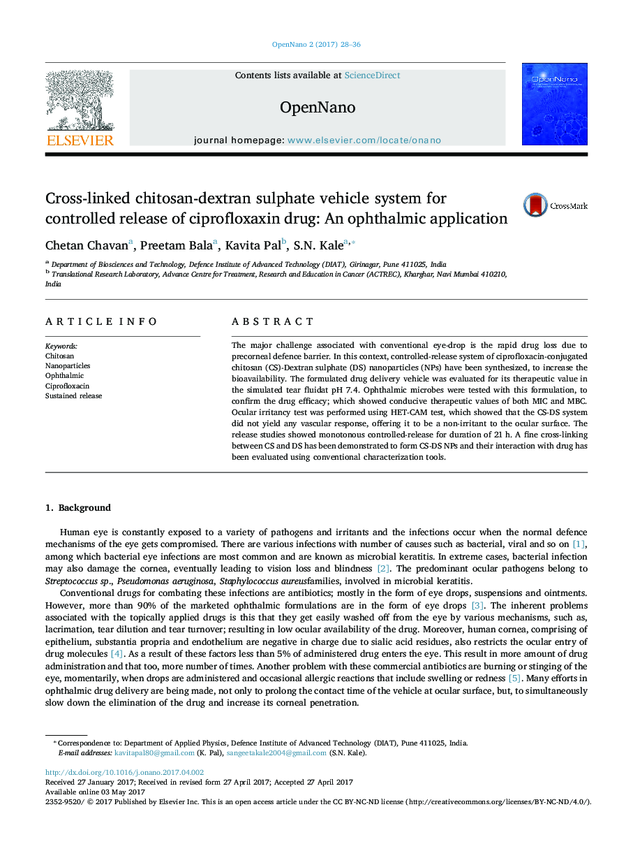 Cross-linked chitosan-dextran sulphate vehicle system for controlled release of ciprofloxaxin drug: An ophthalmic application