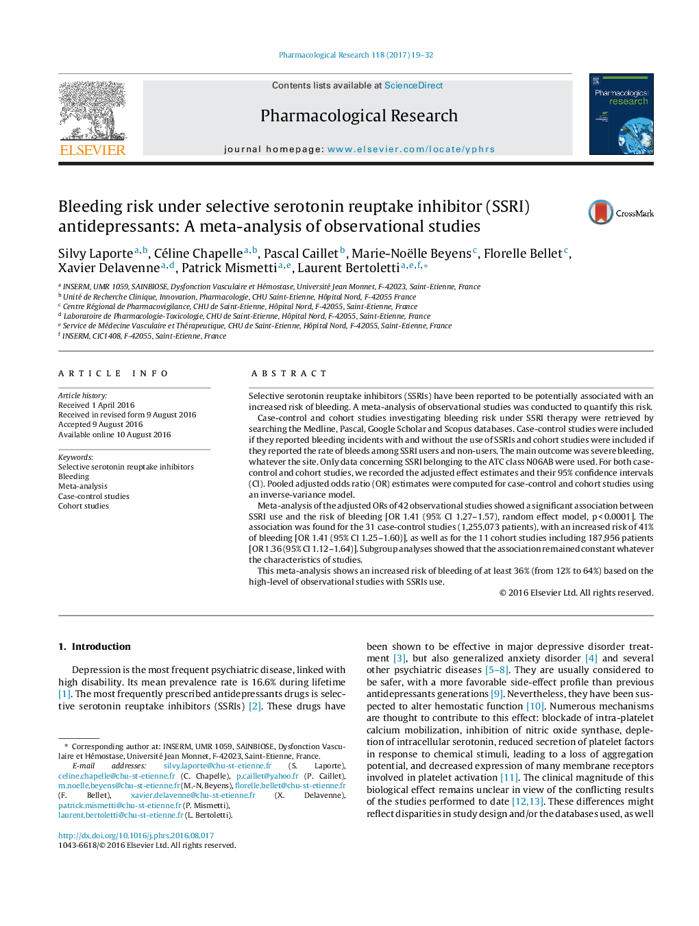 Bleeding risk under selective serotonin reuptake inhibitor (SSRI) antidepressants: A meta-analysis of observational studies