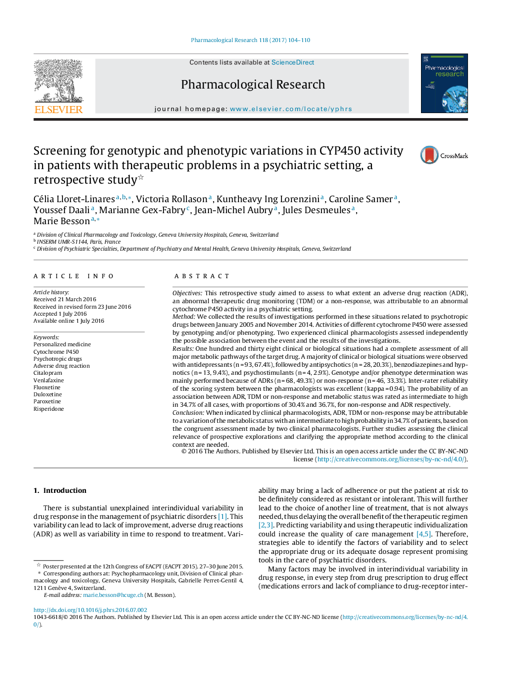 Screening for genotypic and phenotypic variations in CYP450 activity in patients with therapeutic problems in a psychiatric setting, a retrospective study