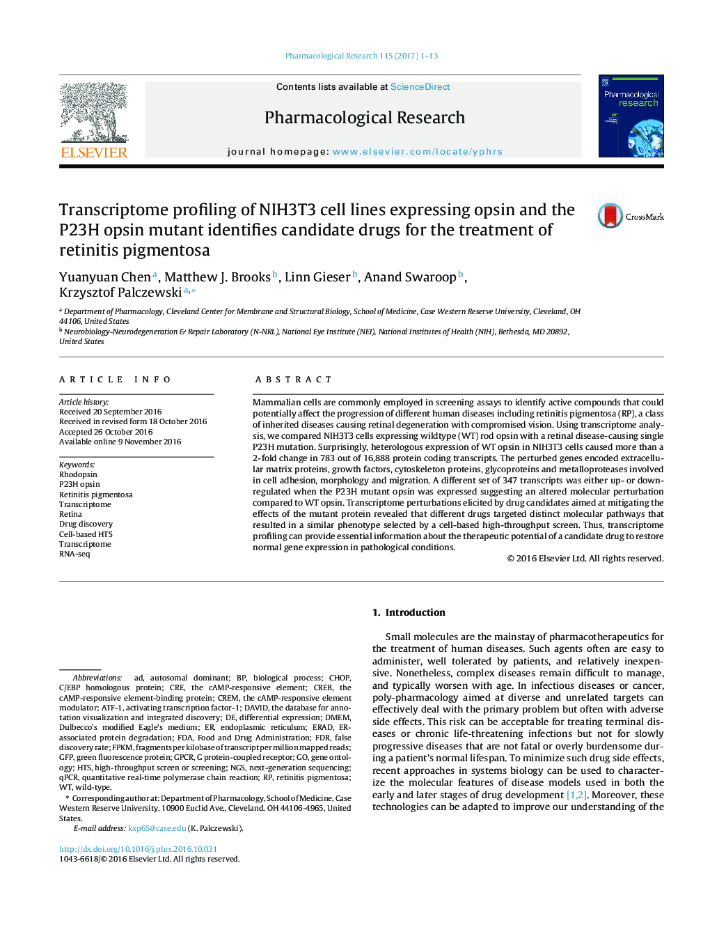 Transcriptome profiling of NIH3T3 cell lines expressing opsin and the P23H opsin mutant identifies candidate drugs for the treatment of retinitis pigmentosa