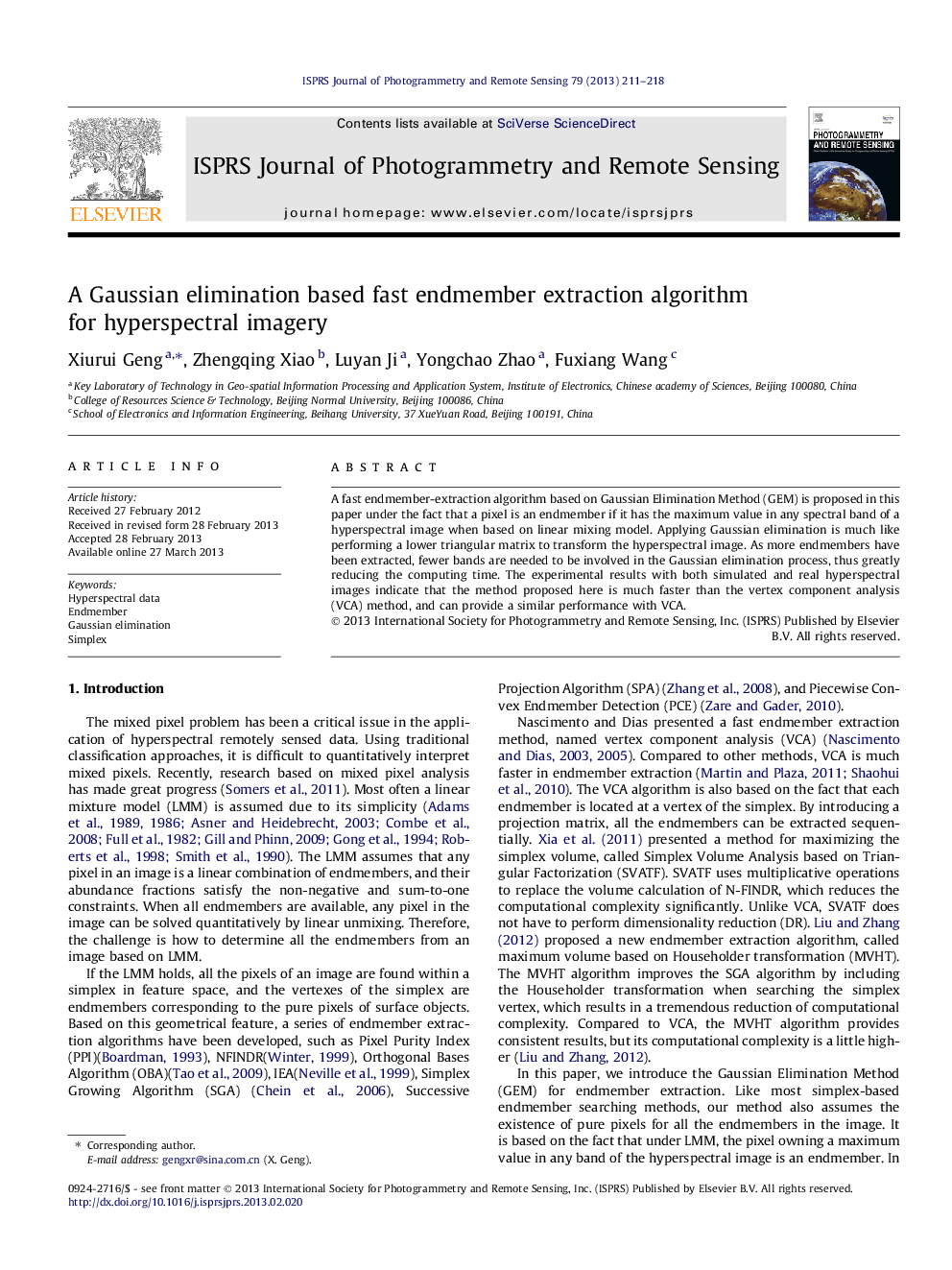 A Gaussian elimination based fast endmember extraction algorithm for hyperspectral imagery