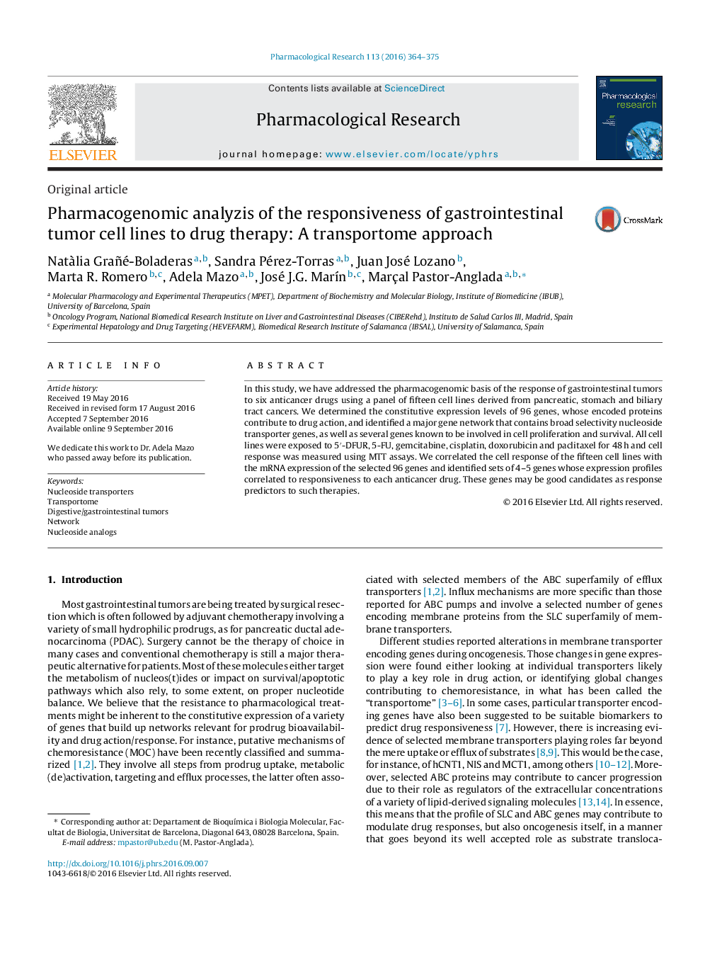 Pharmacogenomic analyzis of the responsiveness of gastrointestinal tumor cell lines to drug therapy: A transportome approach