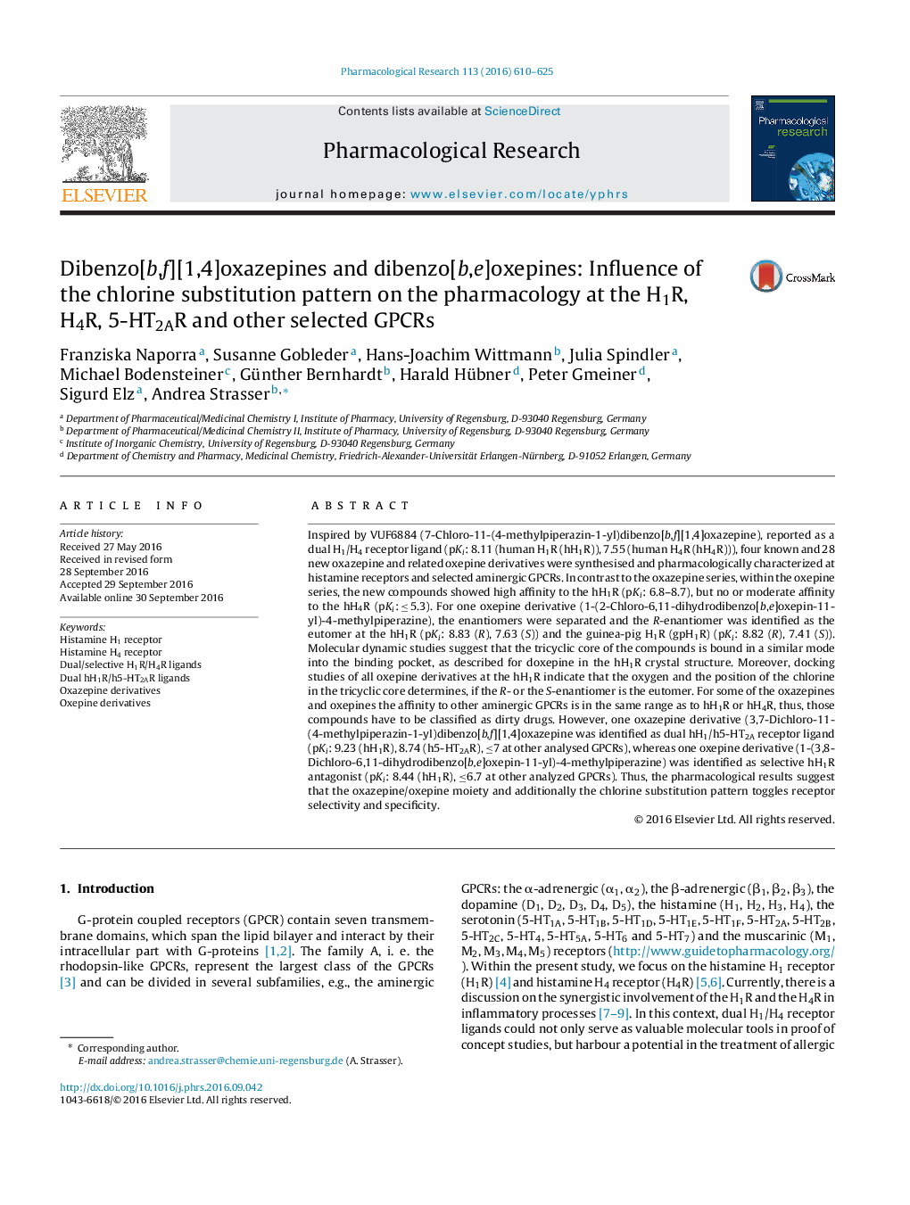 Dibenzo[b,f][1,4]oxazepines and dibenzo[b,e]oxepines: Influence of the chlorine substitution pattern on the pharmacology at the H1R, H4R, 5-HT2AR and other selected GPCRs