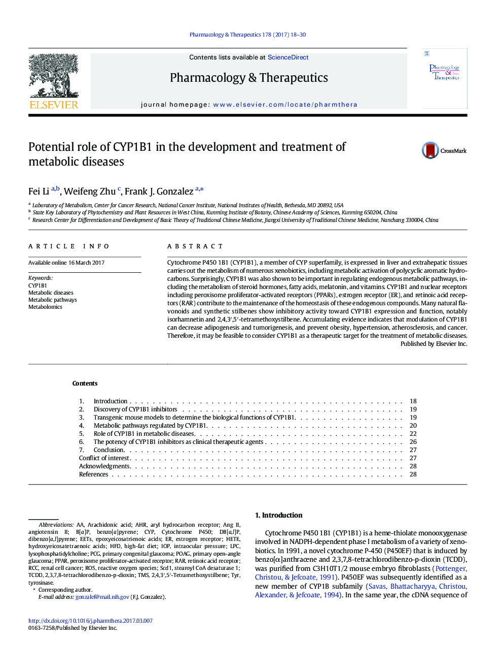 Potential role of CYP1B1 in the development and treatment of metabolic diseases