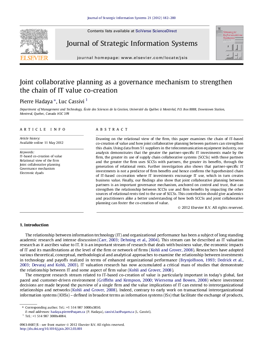 Joint collaborative planning as a governance mechanism to strengthen the chain of IT value co-creation