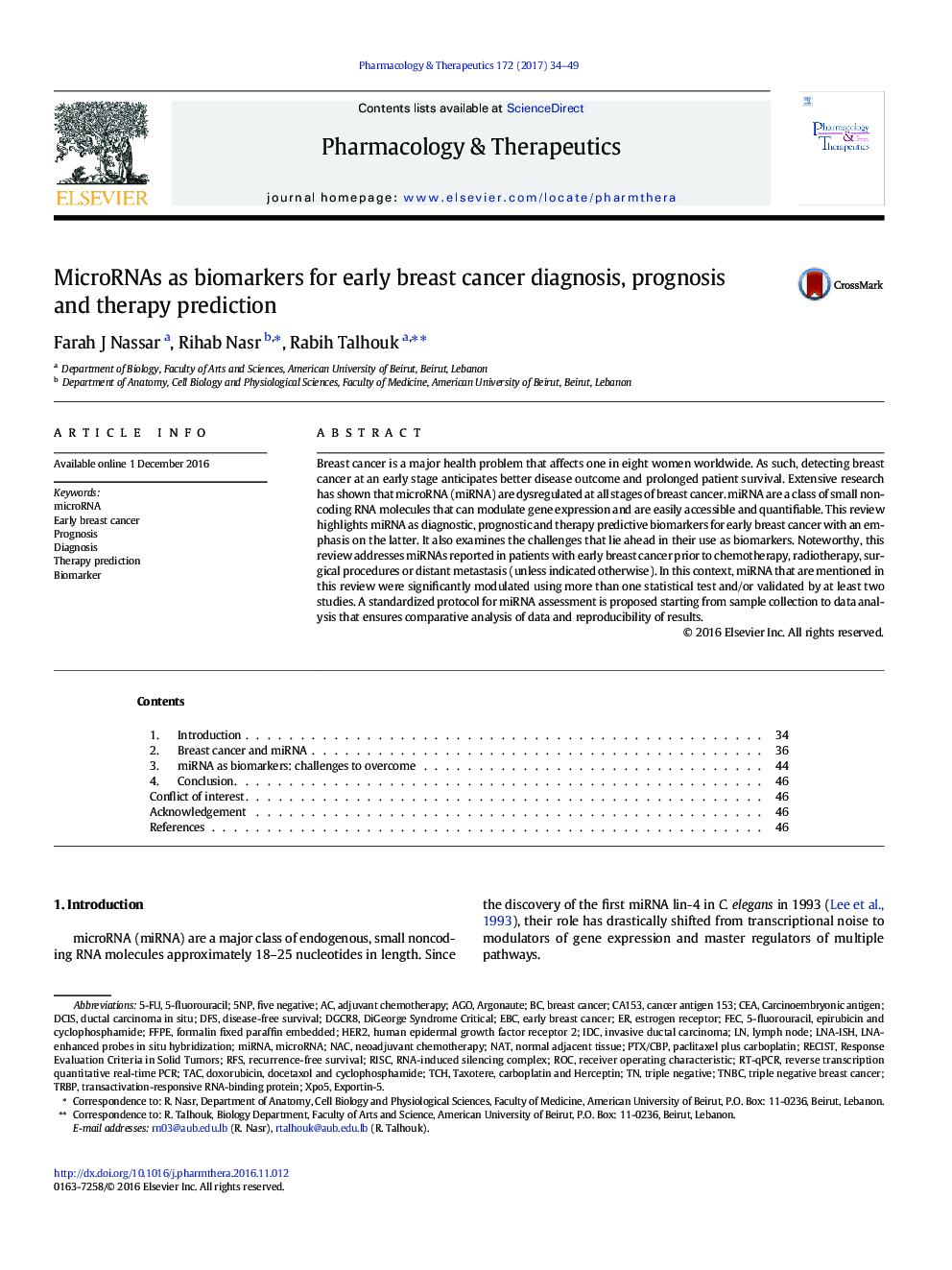 MicroRNAs as biomarkers for early breast cancer diagnosis, prognosis and therapy prediction