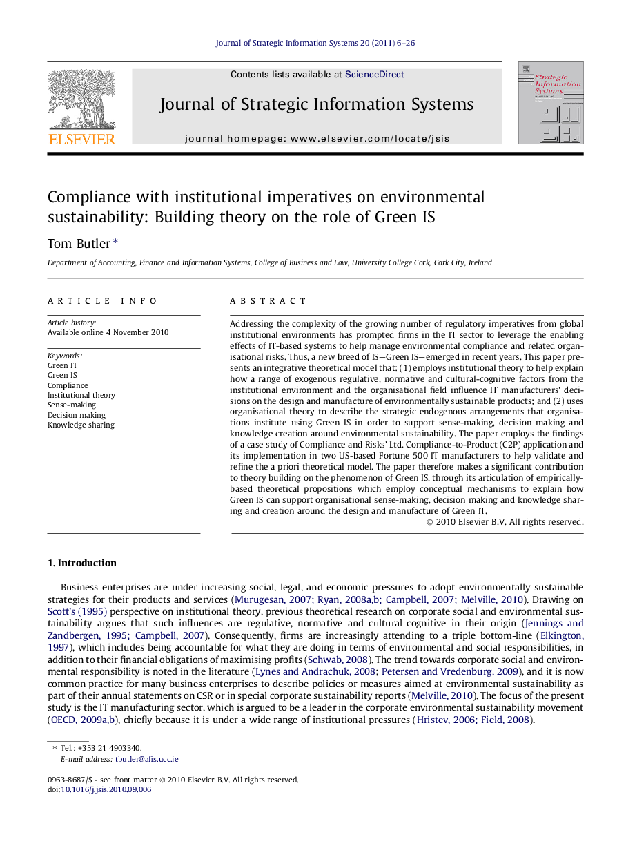 Compliance with institutional imperatives on environmental sustainability: Building theory on the role of Green IS