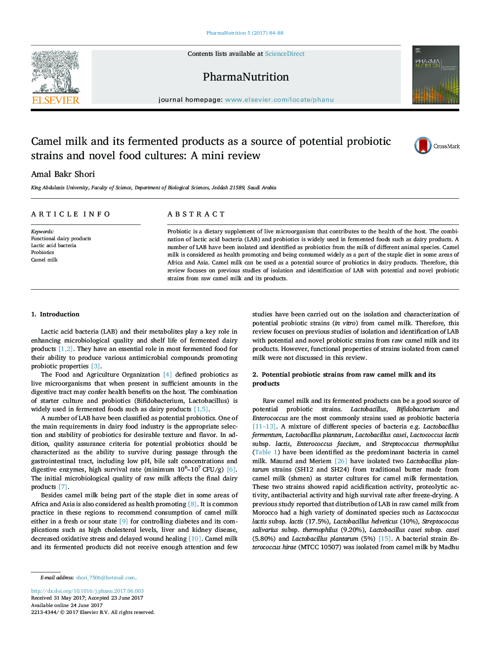 Camel milk and its fermented products as a source of potential probiotic strains and novel food cultures: A mini review
