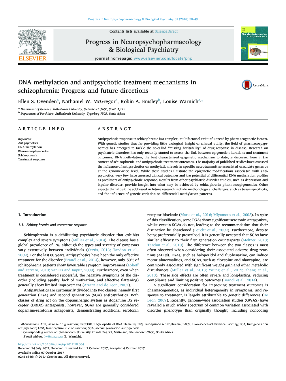 DNA methylation and antipsychotic treatment mechanisms in schizophrenia: Progress and future directions