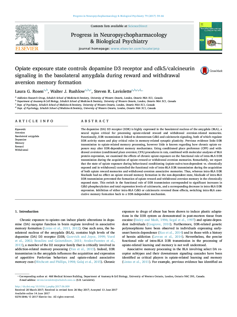 Opiate exposure state controls dopamine D3 receptor and cdk5/calcineurin signaling in the basolateral amygdala during reward and withdrawal aversion memory formation