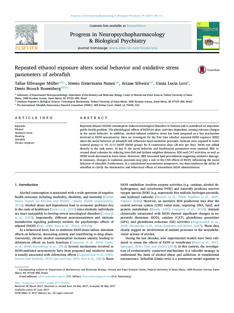 Repeated ethanol exposure alters social behavior and oxidative stress parameters of zebrafish