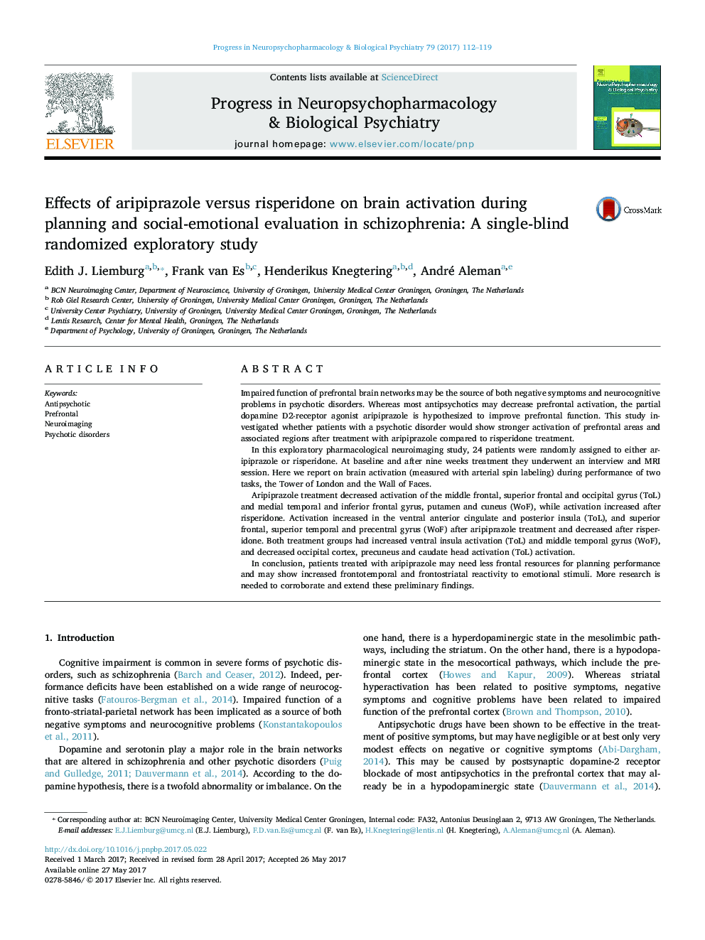 Effects of aripiprazole versus risperidone on brain activation during planning and social-emotional evaluation in schizophrenia: A single-blind randomized exploratory study