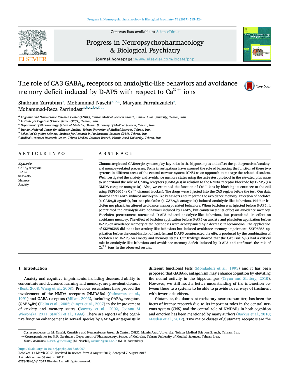 The role of CA3 GABAB receptors on anxiolytic-like behaviors and avoidance memory deficit induced by D-AP5 with respect to Ca2 + ions