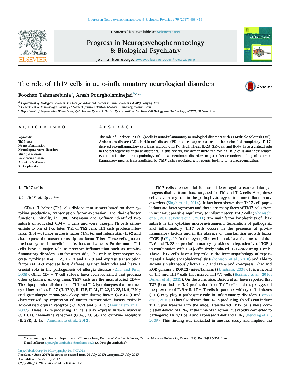 The role of Th17 cells in auto-inflammatory neurological disorders