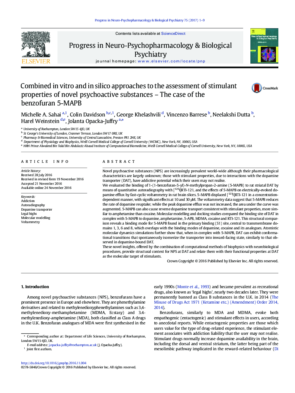 Combined in vitro and in silico approaches to the assessment of stimulant properties of novel psychoactive substances - The case of the benzofuran 5-MAPB