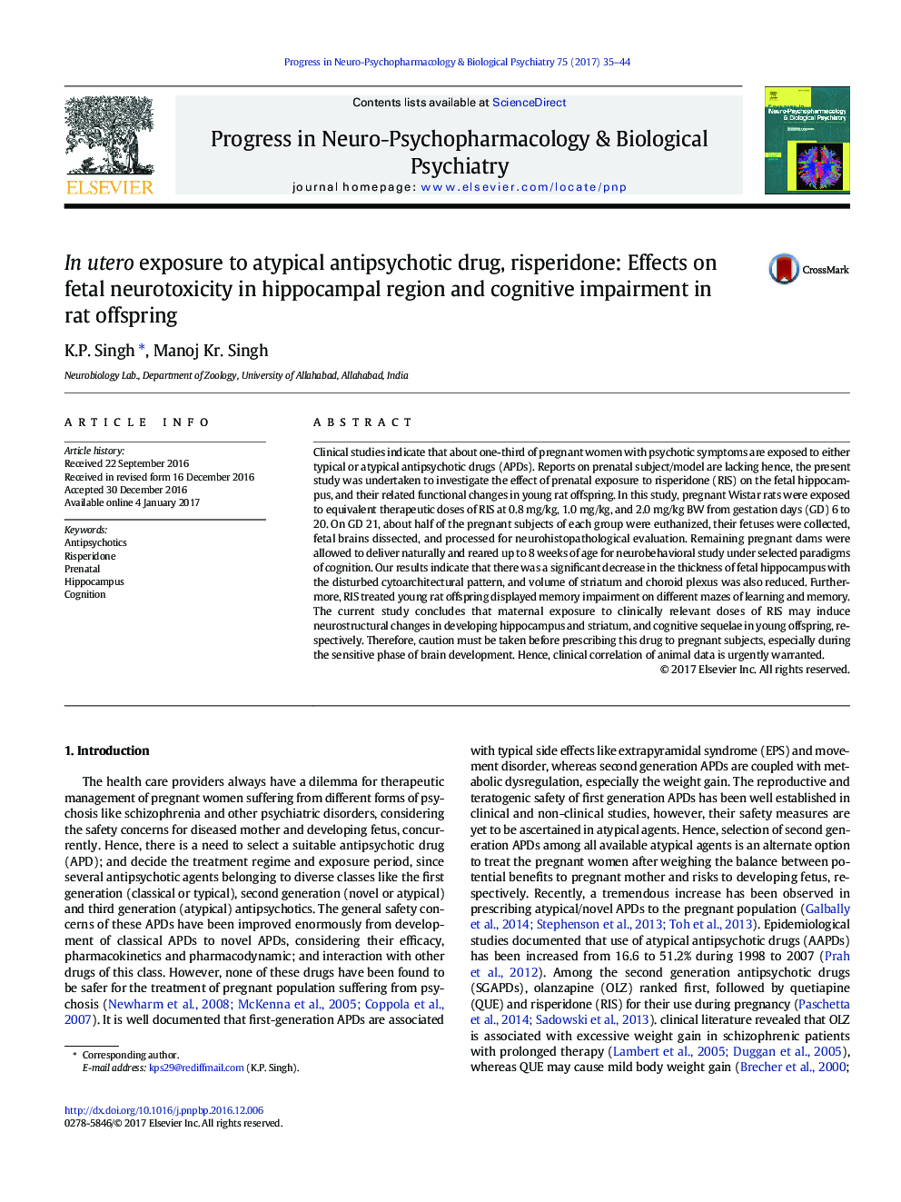 In utero exposure to atypical antipsychotic drug, risperidone: Effects on fetal neurotoxicity in hippocampal region and cognitive impairment in rat offspring