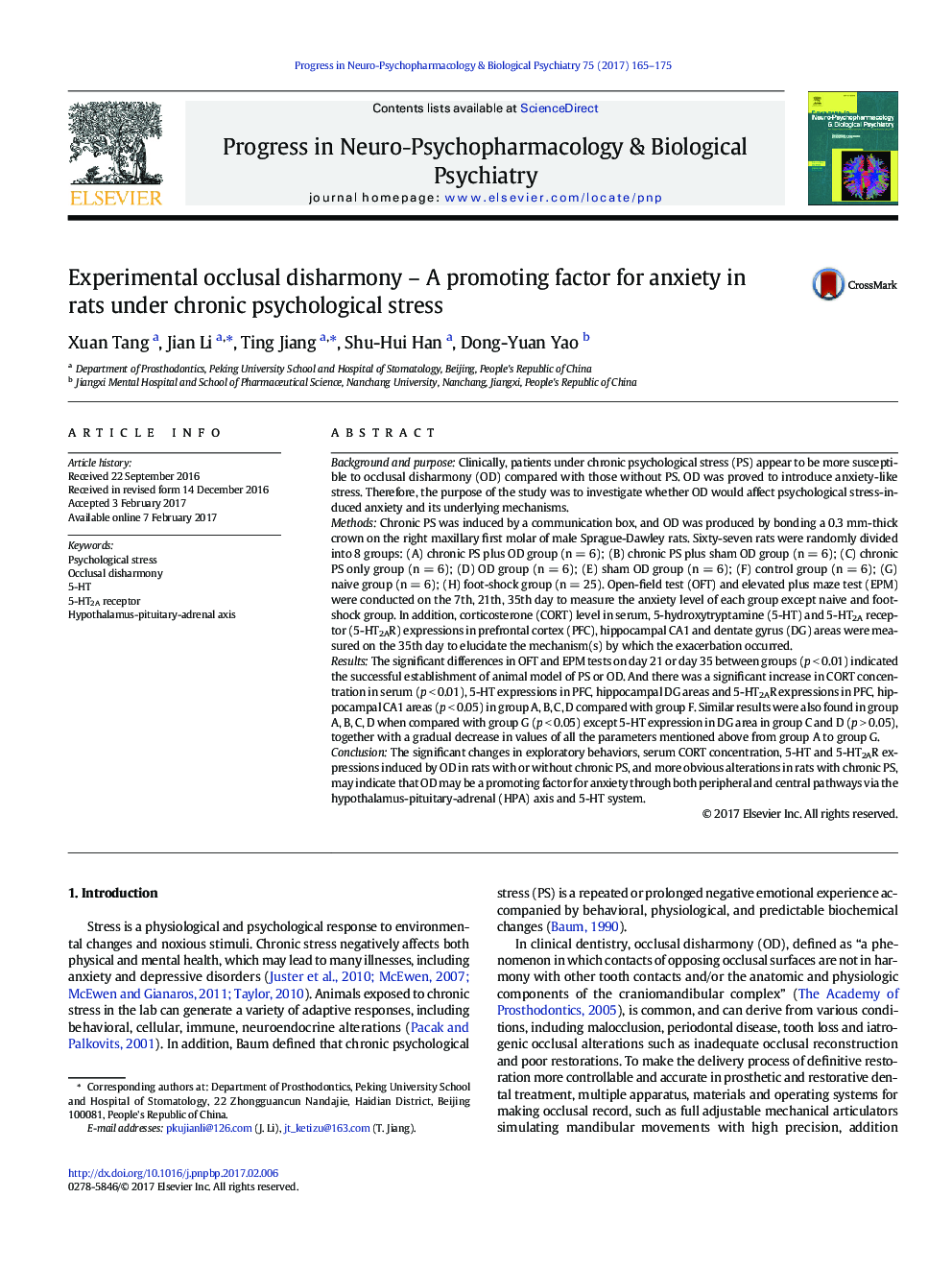 Experimental occlusal disharmony - A promoting factor for anxiety in rats under chronic psychological stress