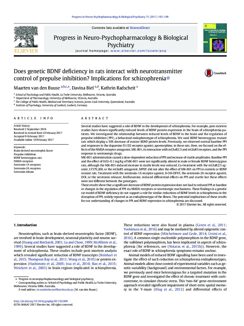 Does genetic BDNF deficiency in rats interact with neurotransmitter control of prepulse inhibition? Implications for schizophrenia