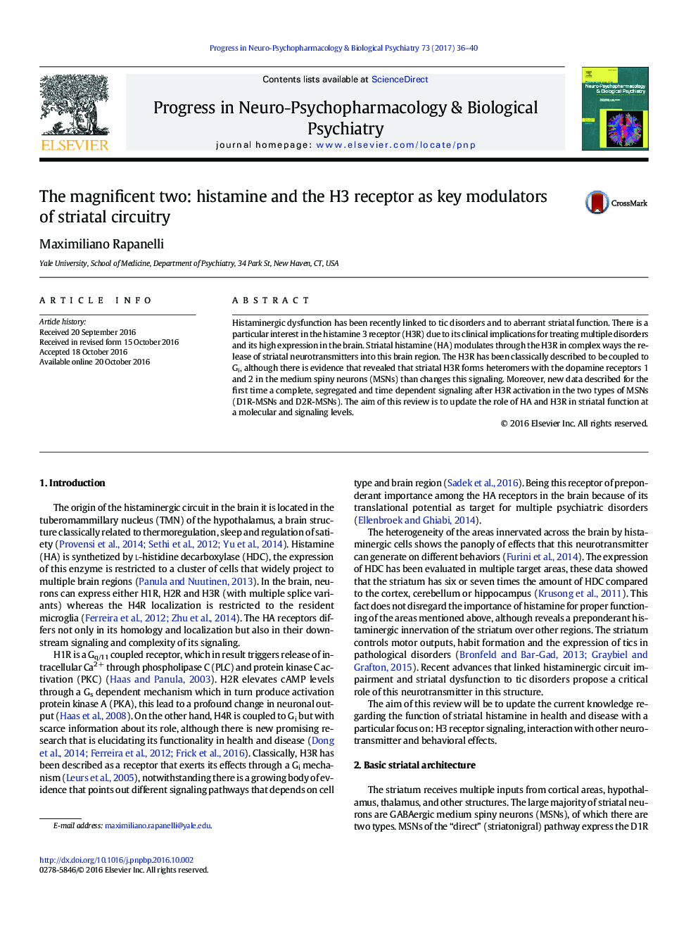 The magnificent two: histamine and the H3 receptor as key modulators of striatal circuitry