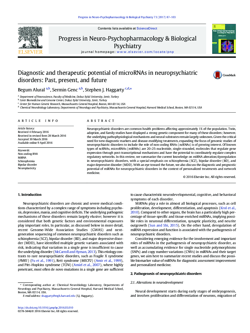 Diagnostic and therapeutic potential of microRNAs in neuropsychiatric disorders: Past, present, and future