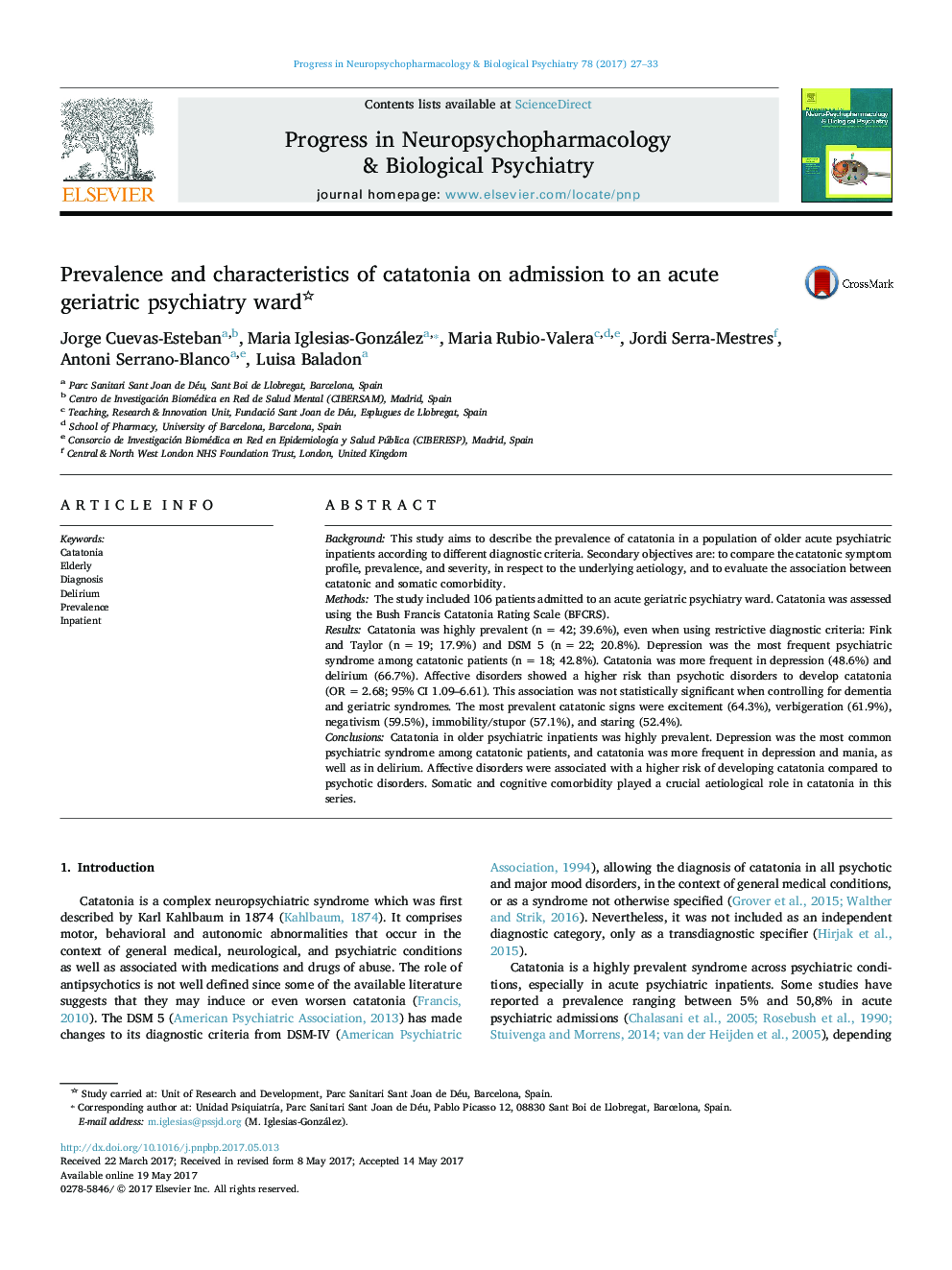 Prevalence and characteristics of catatonia on admission to an acute geriatric psychiatry ward