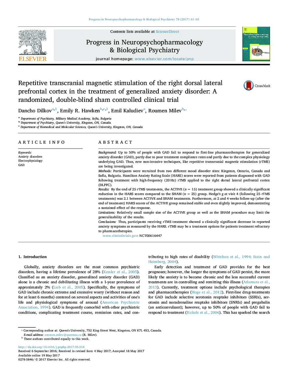 Repetitive transcranial magnetic stimulation of the right dorsal lateral prefrontal cortex in the treatment of generalized anxiety disorder: A randomized, double-blind sham controlled clinical trial