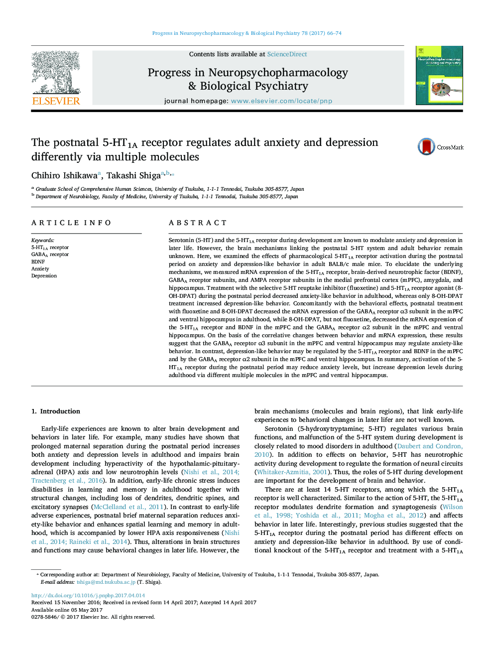 The postnatal 5-HT1A receptor regulates adult anxiety and depression differently via multiple molecules