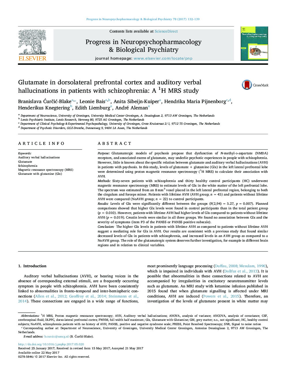 Glutamate in dorsolateral prefrontal cortex and auditory verbal hallucinations in patients with schizophrenia: A 1H MRS study