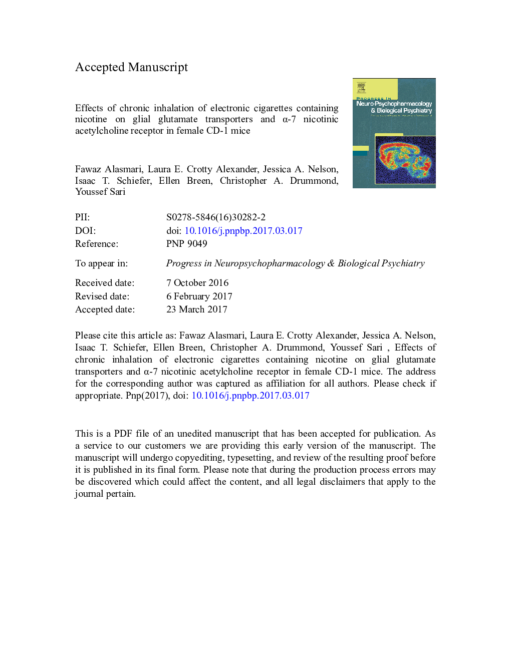 Effects of chronic inhalation of electronic cigarettes containing nicotine on glial glutamate transporters and Î±-7 nicotinic acetylcholine receptor in female CD-1 mice