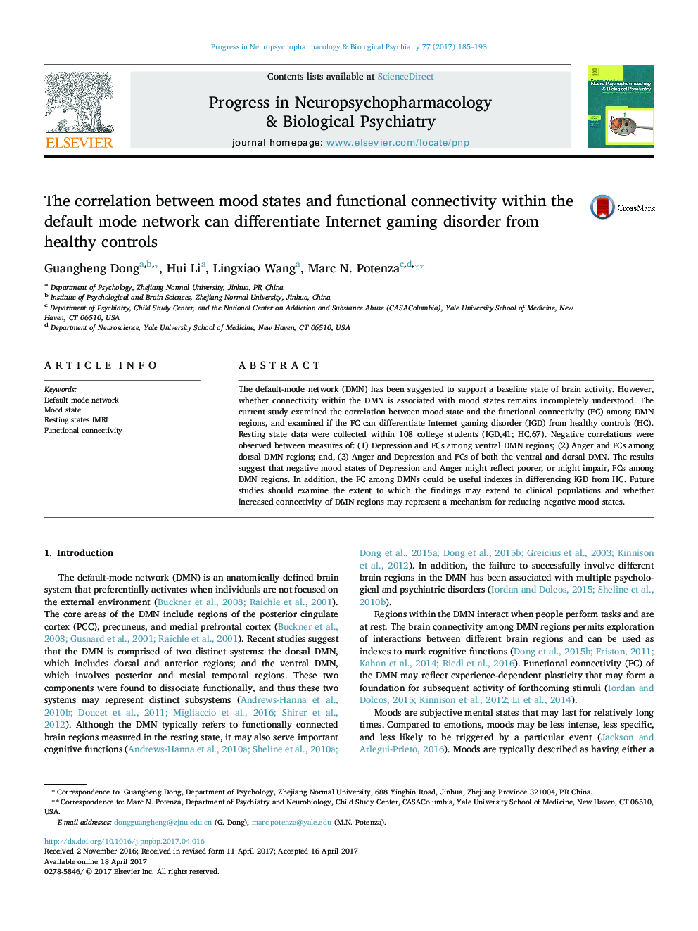 The correlation between mood states and functional connectivity within the default mode network can differentiate Internet gaming disorder from healthy controls