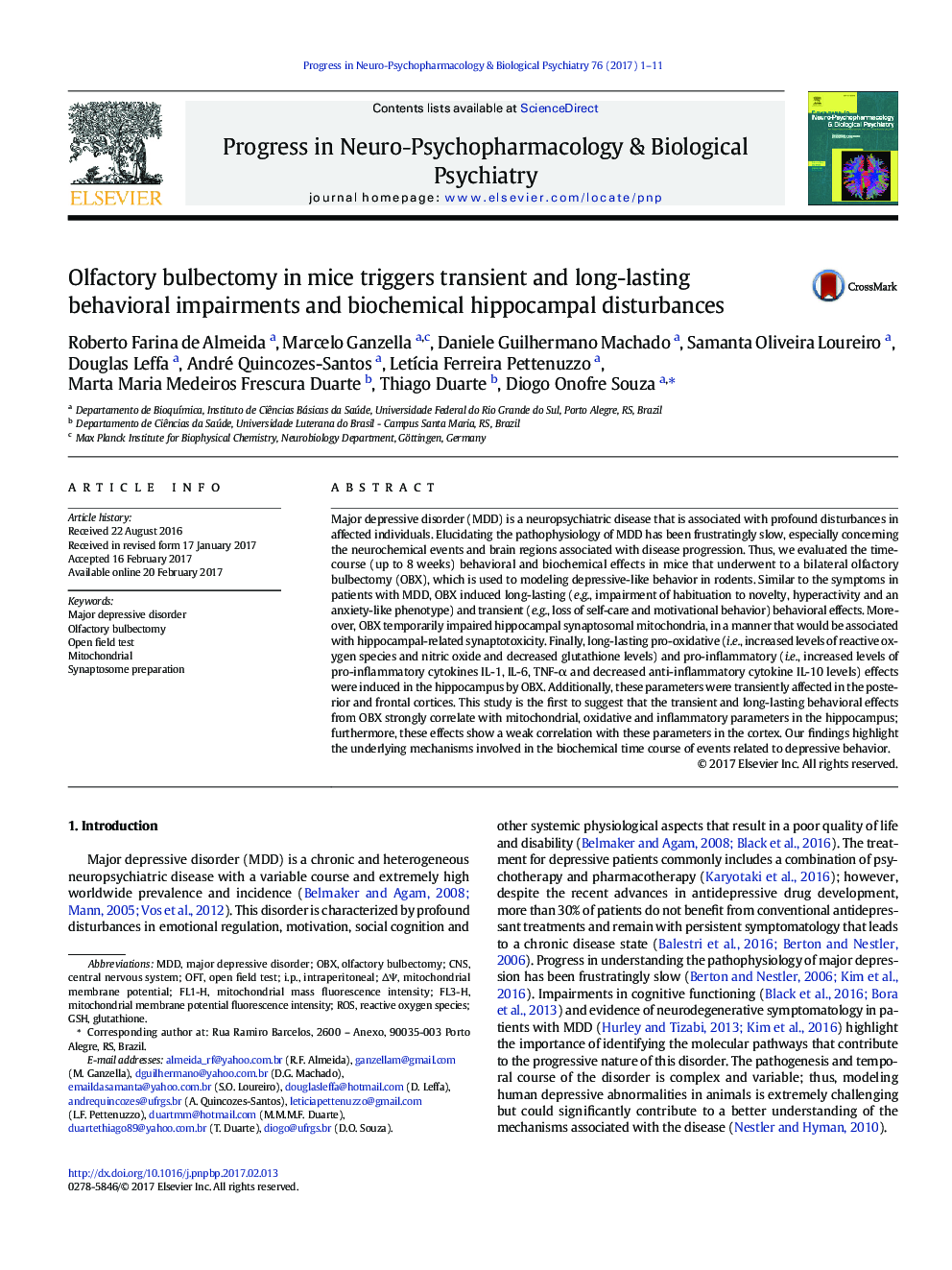 Olfactory bulbectomy in mice triggers transient and long-lasting behavioral impairments and biochemical hippocampal disturbances