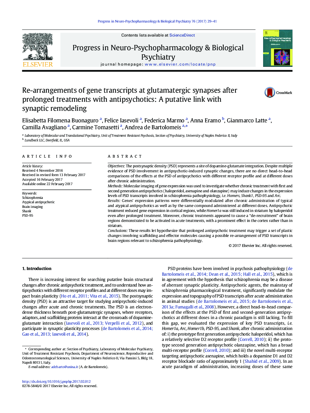 Re-arrangements of gene transcripts at glutamatergic synapses after prolonged treatments with antipsychotics: A putative link with synaptic remodeling