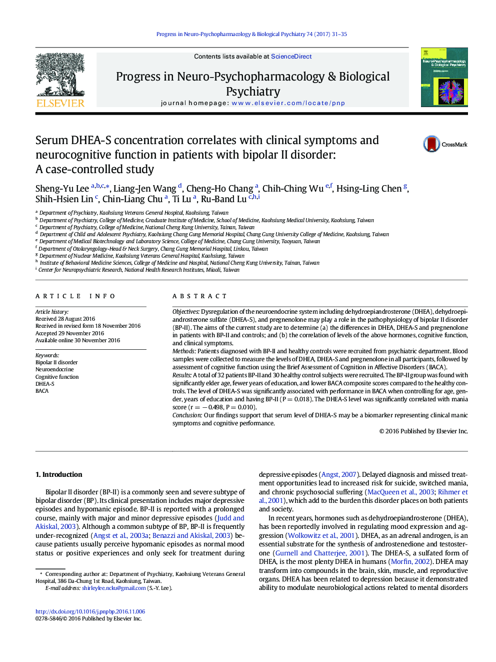 Serum DHEA-S concentration correlates with clinical symptoms and neurocognitive function in patients with bipolar II disorder: A case-controlled study